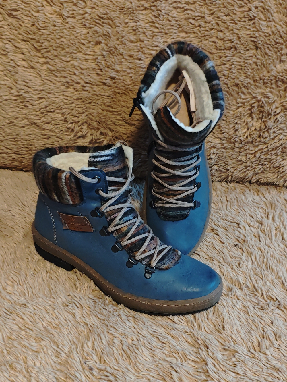 Rieker Blue Lace-Up Ankle Boots with Multicolor Knit Collar